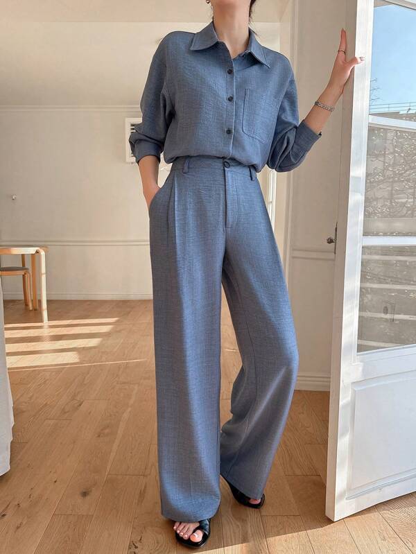 DAZY Women's 2 Pieces Set, Solid Color Loose Shirt & Wide Leg Pants,Fall Women Clothes