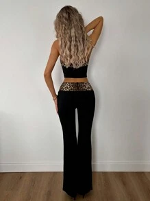 SHEIN ICON 2pcs/Set Leopard Print Patchwork Contrast Color Bandeau Top And High Waist Fitted Flare Pants - Black - View 2