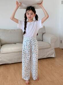DAZY Tween Girl All Over Print Casual Pants, Spring/Summer Floral Vacation - White - View 2
