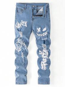 SHEIN Jeans de mezclilla negros y blancos para niños preadolescentes con efecto desgastado, rasgado y asimétrico, de tiro medio y silueta ajustada, para ropa de otoño de niños preadolescentes