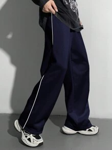 SHEIN Leap Crew Teen Boys' Loose Straight Leg Pants With Contrast Black Trim, Versatile Casual Trousers Suitable For Autumn, Winter, School, Home, Daily Wear, Sports, Birthday Party, Outings - Minimalist Style With Thermal Lined, Retro - Navy Blue - View 9