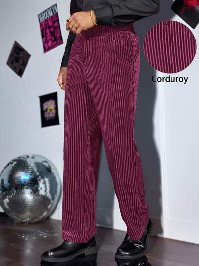 Manfinity VCAY Men's Knit Casual Elastic Waist Straight-Leg Burgundy Trousers, Fashion & Relaxed Fit Daily Wear