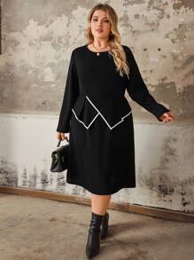 Women's Casual Elegant Knitted Solid Color Round Neck Ruffle Hem Contrast Trim Elastic Waist Plus Size Spring Fitted Knee-Length Dress - Black - View 1