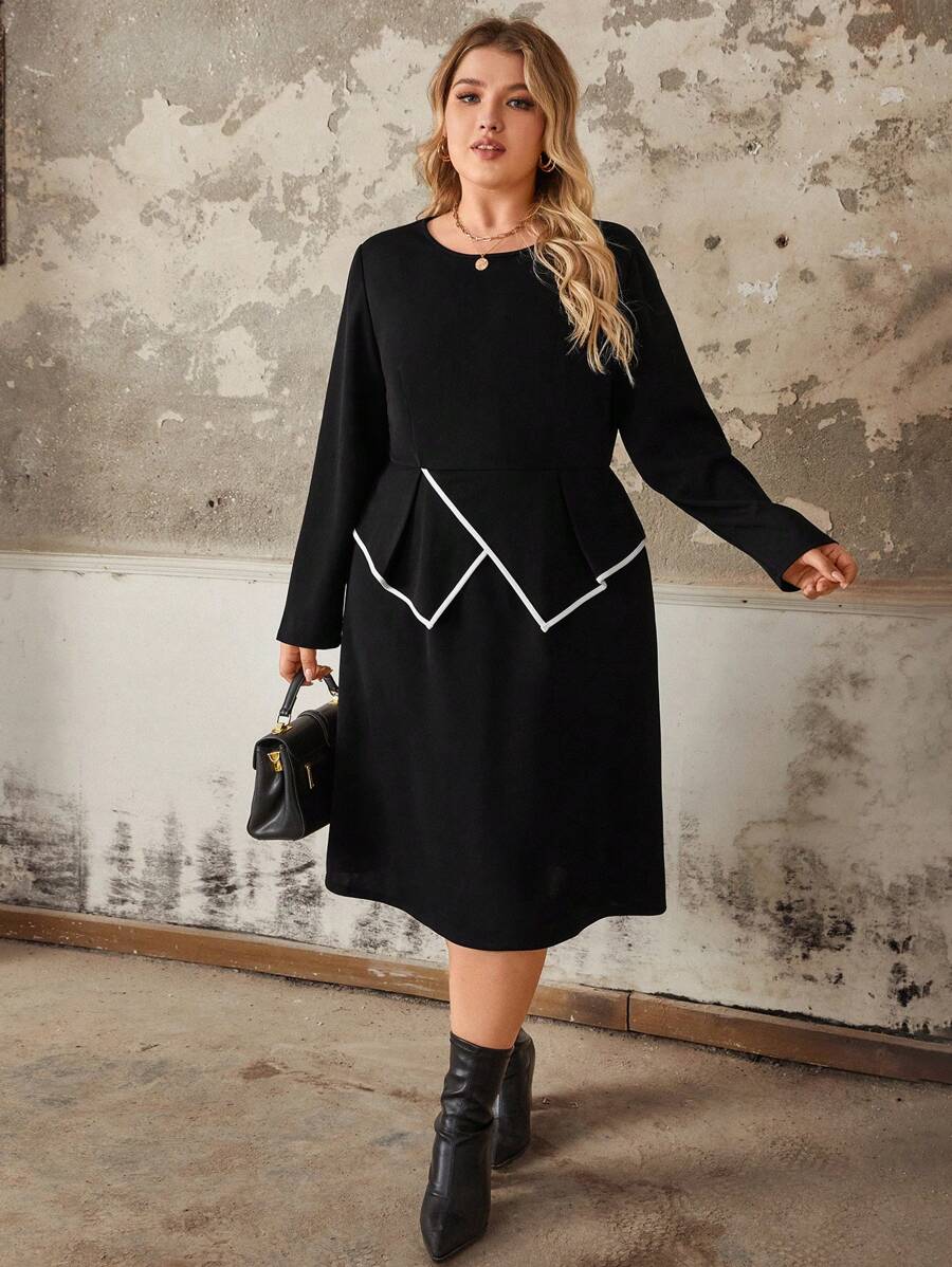 Women's Casual Elegant Knitted Solid Color Round Neck Ruffle Hem Contrast Trim Elastic Waist Plus Size Spring Fitted Knee-Length Dress - Black - View 1