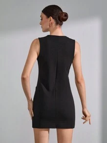 CLARA VERO DEEP V COLLAR GOLDEN BUTTONED POCKET DRESS - Black - View 2