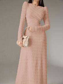 Modelyn Vestido largo de estilo árabe con cuello redondo, manga larga y decoración de cristales, de unicolor para mujer