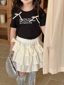 DAZY 2pcs Casual Short Sleeve Tee And Skirt Set, Simple And Fashionable Design For Daily Wear, Young Girls Summer Outfits - Black - View 5