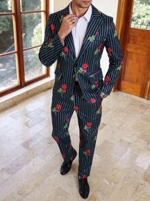 Manfinity Bizformal Men's Striped & Floral Print Lapel Neck Blazer Jacket And Pants Suit Set - Multicolor - View 6