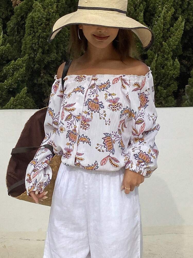 女性用ビーチホリデー植物柄カジュアル 襟なし 長袖ブラウス、春、オフショルダートップ ボヘミアン