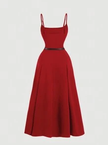 SHEIN MOD 大码女式红色开叉下摆中长吊带背心中长连衣裙 - 紅色 - 查看 2