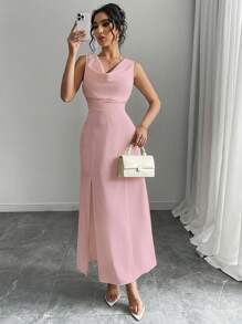 SHEIN Unity 女士优雅纯色 V 领高开叉无袖连衣裙、正式晚礼服、性感长裙、情人节 - 粉色 - 查看 3