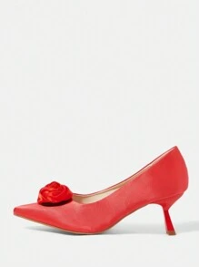 CUCCOO HITCHD 女士红色缎面花卉尖头高跟鞋，优雅适合通勤、约会、婚礼、办公室、正式场合 - 熱烈紅色 - 查看 4