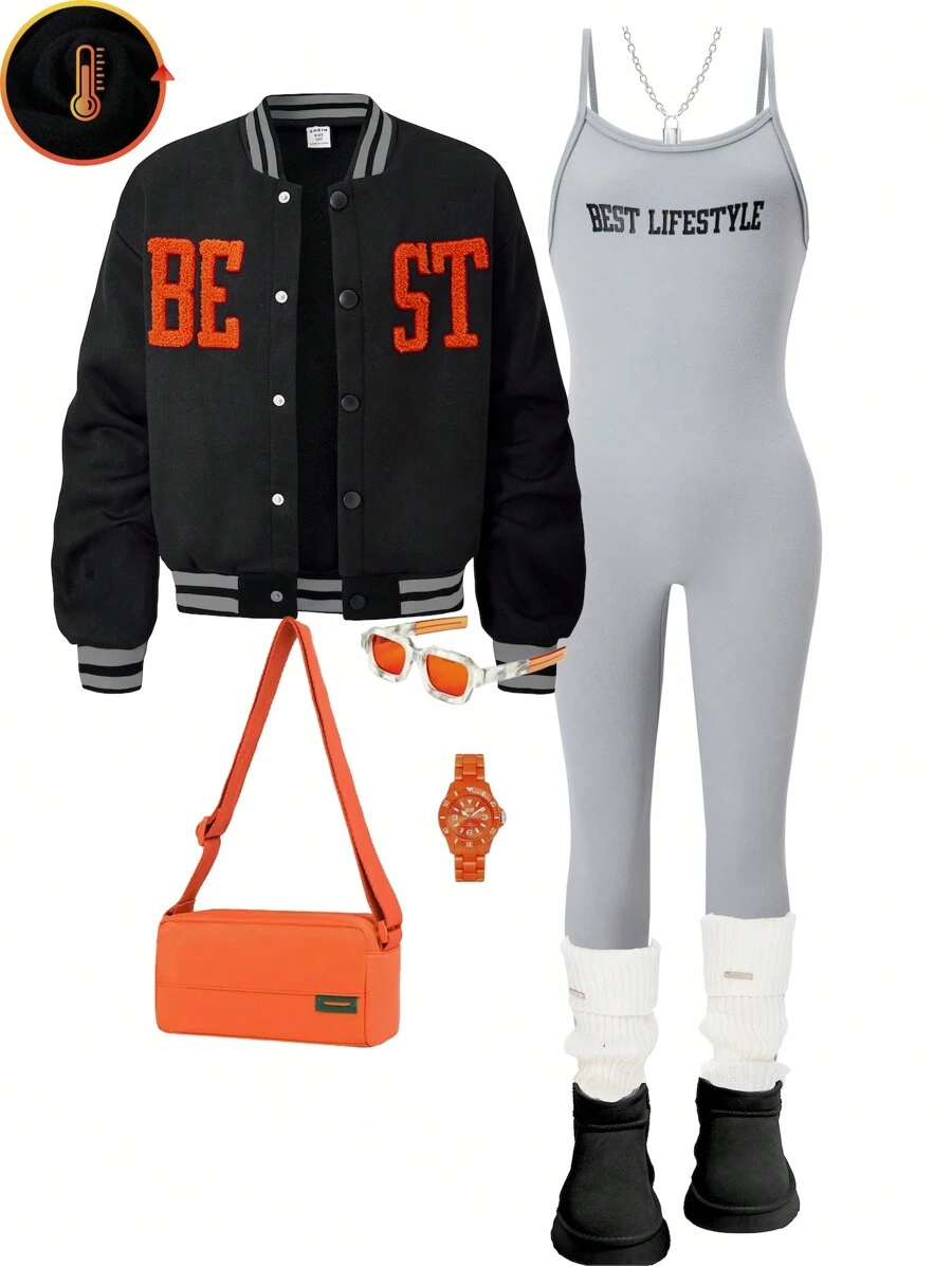 SHEIN Explorewe 2pcs/Set Tween Girls Front Button Closure Long Sleeve Top & Jumpsuit Set - Black - View 1