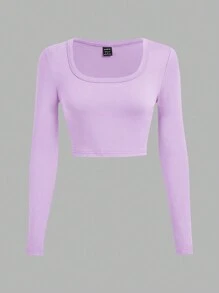 SHEIN EZwear 3 件套休闲 U 领修身短款长袖 T 恤，适合春秋季节 - 彩色 - 查看 6