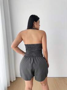 Flirla Conjunto casual de 2 piezas de top halter de un botón a rayas y shorts para mujer talla grande - Multicolor - Ver 2