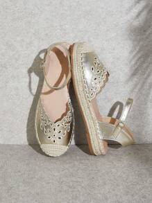 SHUZIA 女士简约踝带帆布坡跟凉鞋，带孔眼装饰 - 金色 - 查看 2