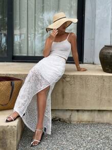 DAZY Contrast Lace Stitching Slit Skirt, Casual Holiday Summer Women Skirt,Fall Clothes