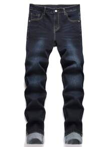 Manfinity Homme Men's Straight Loose Casual Versatile Jeans With Pockets - Dark Wash - View 1