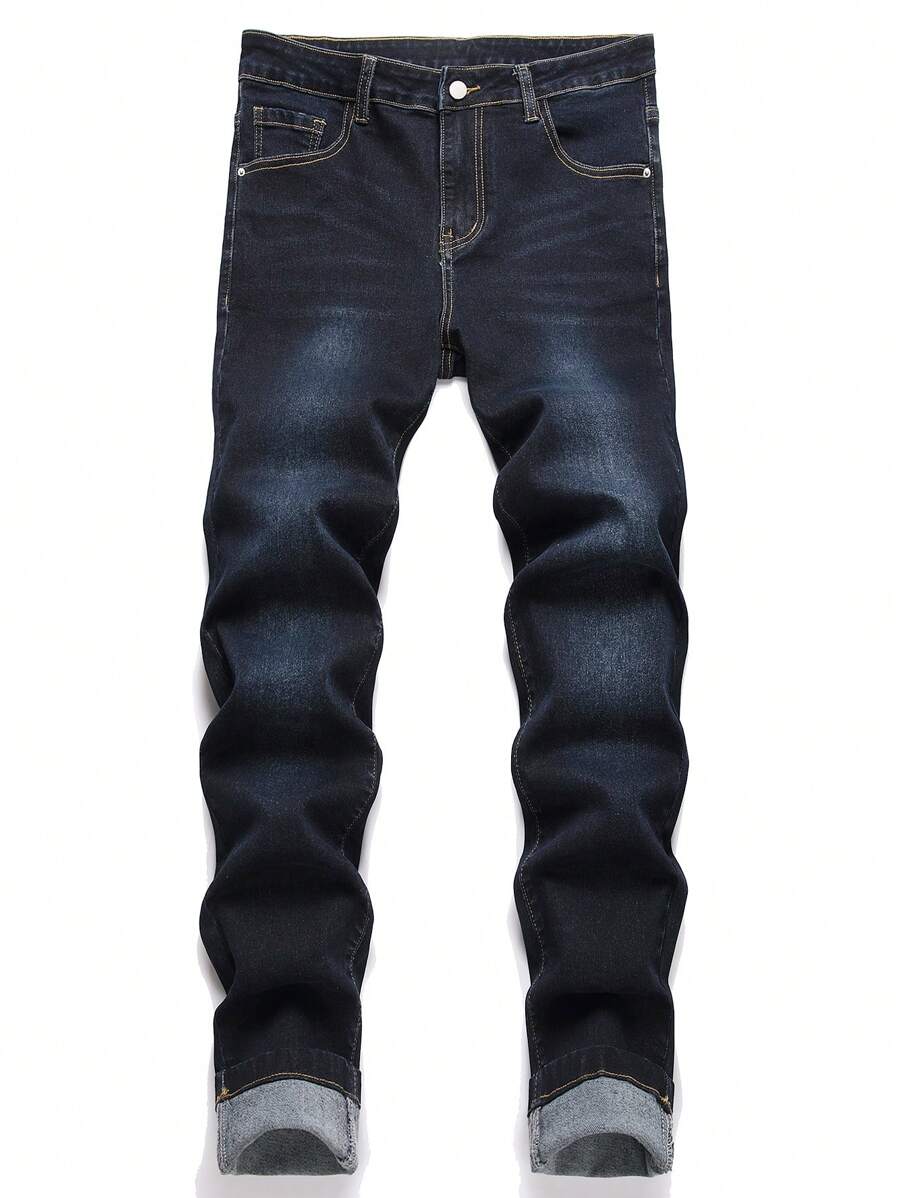 Manfinity Homme Men's Straight Loose Casual Versatile Jeans With Pockets - Dark Wash - View 1