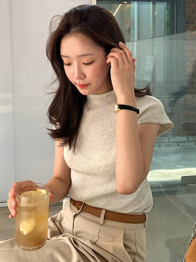 Women Solid Color Cap Sleeve Collar Form-Fitting Knit Top, Apricot Color, Spring/Summer Linen