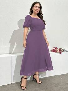 Modelyn Burgundy Red Plus Size Ladies' Solid Color Square Neck High Slit Fashion Purple Dress, For Christmas Maxi Women Outfit - Purple - View 4