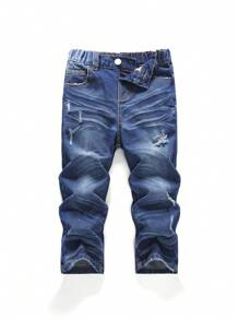 SHEIN 男童做旧复古水洗猫须宽松直筒蓝色牛仔裤，休闲百搭，适合儿童街头服饰 - 深色水洗藍 - 查看 1