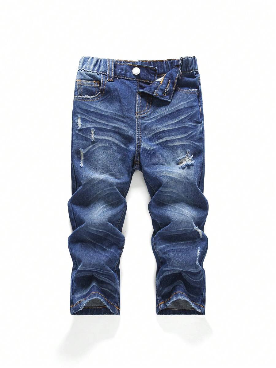 SHEIN 男童做旧复古水洗猫须宽松直筒蓝色牛仔裤，休闲百搭，适合儿童街头服饰 - 深色水洗藍 - 查看 1