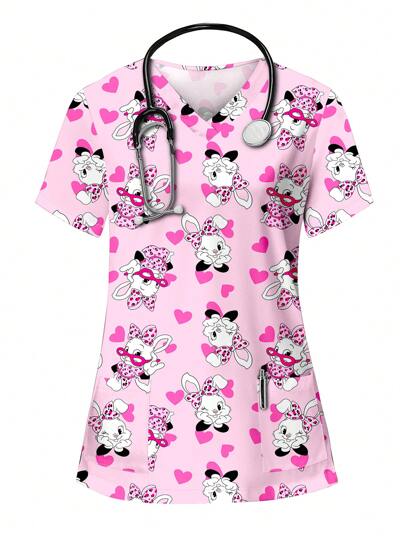 PopScrub Valentine's Day Cute Cartoon Minimalist Heart, Rabbit, And Fortune Print V-Neck Short Sleeve Pocket Nurse Scrub Uniform Top, Scrub Shirt Set Scrub Set Nurse Dresses Scrub Tops Scrub Bottoms Lab Coats Scrub Outwear Print V Neck Frosted Scrub Top, Casual Short Sleeve Work Wear, Women Sweetheart V-Neck Ruched Blouse, Women Short Sleeve V-Neck Nurse Scrub Uniform Shirt With 2 Pockets, Soft Stretchy Ruched Graphic Tee