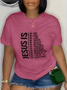 SHEIN LUNE Camiseta de mujer talla grande con estampado de eslogan, "JESÚS ES MI DIOS, MI REY, MI SEÑOR, MI SALVADOR, MI SANADOR, MI REFUGIO, MI PROVEEDOR, MI FUERZA, MI DEFENSOR, MI PROTECTOR, MI PAZ, MI ALEGRÍA, MI VIDA, MI TODO" - Rosa - Ver 3