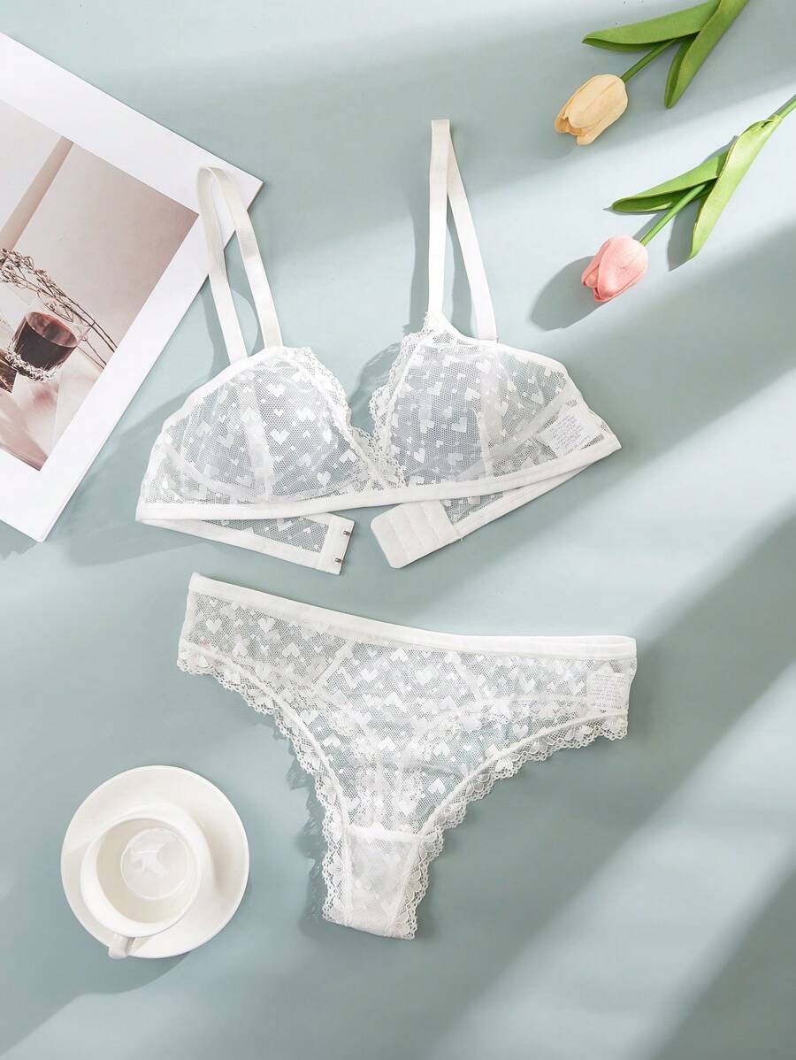 2pcs/Set Women Lace Patchwork Spaghetti Strap Simple Slim Fit Seamless Bra And Panty Set - White - View 1