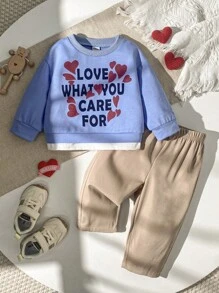 SHEIN 2pcs Setelan Kemeja Bayi Laki-laki Unisex Kasual Biru Muda Musim Gugur Cocok untuk Keluarga, Gaya Olahraga Preppy 2 in 1, Aprikot, Motif Hati, Kain Lembut untuk Musim Semi/Panas - MultiWarna - View 3