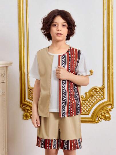 2 Pieces Tween Boys Set: Vintage Geometric Pattern Patchwork T-Shirt And Shorts With Hood