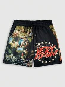 ROMWE MEN Street Life Men's Vintage Painting Slogan Print Woven Shorts, Suitable For Spring/Summer - Black - View 1