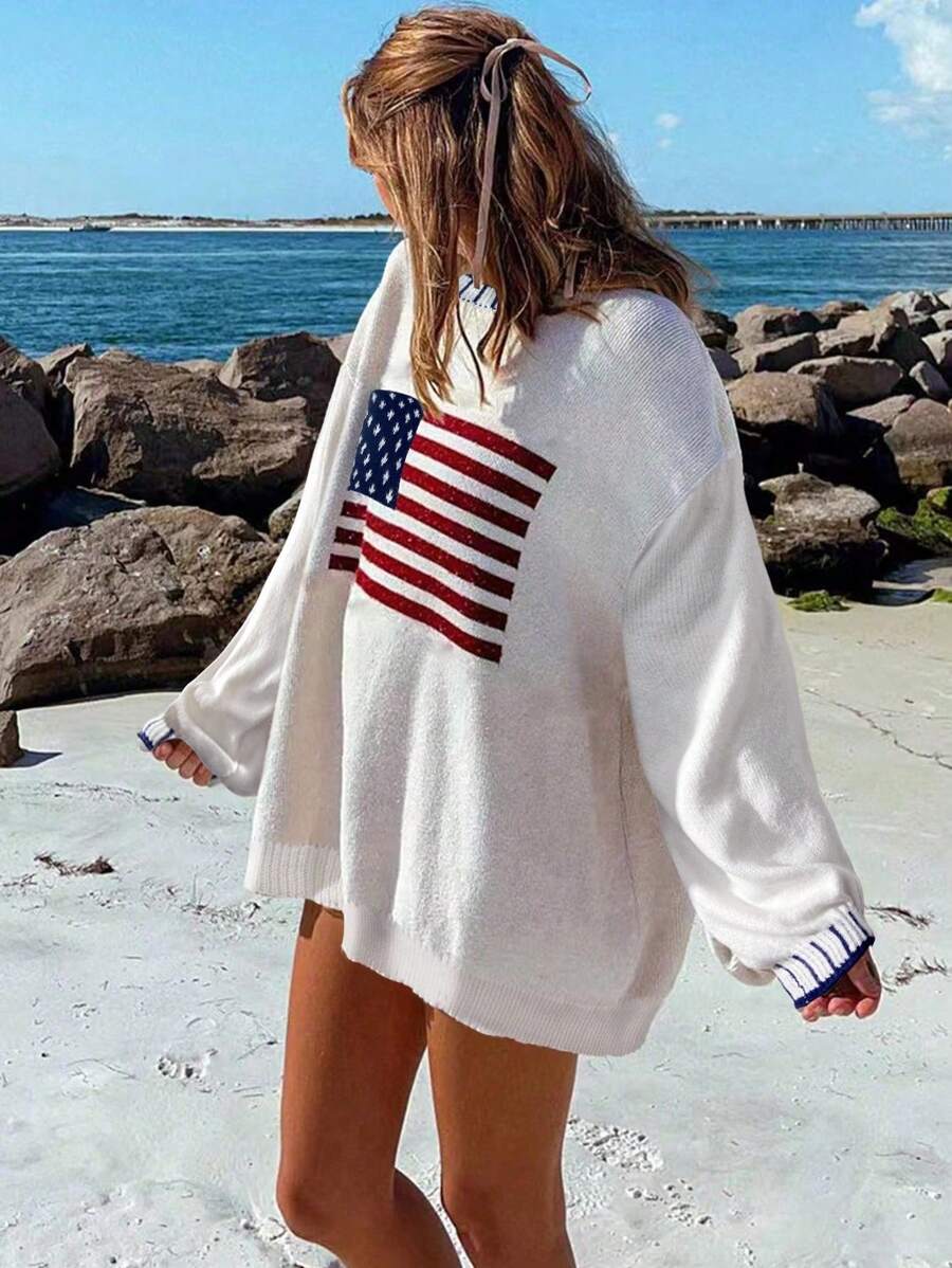Chiquease 新款超大宽松休闲毛衣，欧美时尚英国国旗设计，轻盈春秋女士套头衫 - 白色 - 查看 1