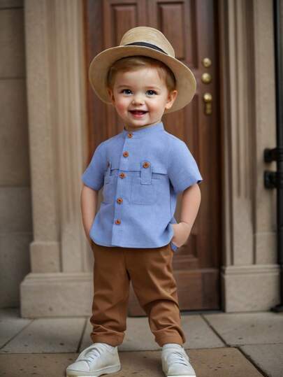 SHEIN 2st Baby Boy Casual Söt sommarblå kortärmad skjorta med elastiska midjebyxor, lämplig för födelsedagsfest, kvällsfest, performance, bröllop, baby shower, 1:a födelsedagsfirande