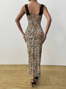 Chiquease Women Sexy Leopard Print Lace Patchwork Crop Top Sleeveless Dress, Spring/Summer