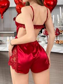 SilkySpell 性感蕾丝镂空深 V 领吊带背心连体衣露背仿丝睡衣睡衣 - 酒紅色 - 查看 2