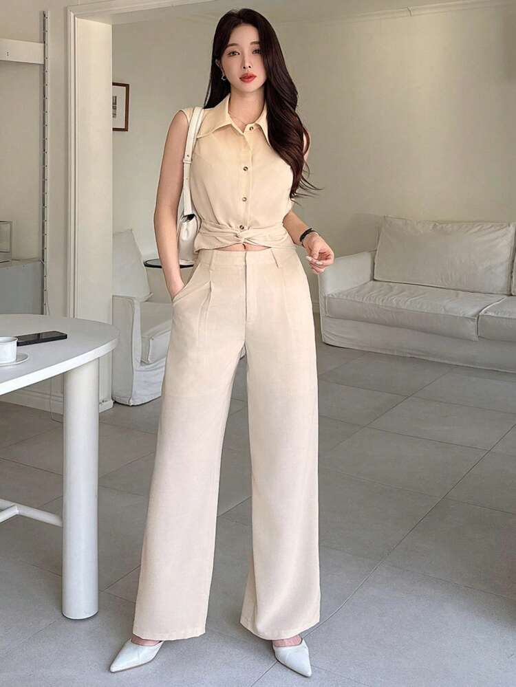 2pcs Women's Solid Color Twist Front Tie Cami Shirt And Wide Leg Pants Two-Piece Set Work Women Clothes