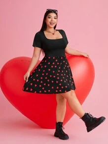 SHEIN EZwear Vestido del Día de San Valentín, vestido de manga corta con cuello cuadrado y estampado de corazones rojos talla grande