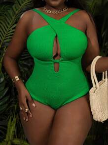 SHEIN Swim Event Costum de baie într-o singură piesă verde încrucișat pentru femei de mărime mare, pentru vacanța de vară la plajă