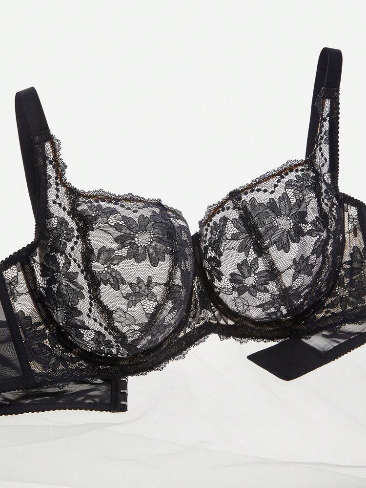 Damen Große Größen Lingerie Lounge Kurven Volldeckung Push-up & atmungsaktiver Unterbügel Sexy ungepolsterter schwarzer Spitzen Eleganz & Mesh Minimizer BH Braut Wäsche