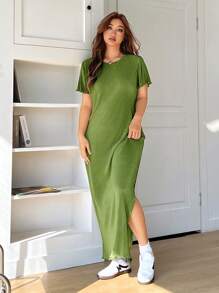 SHEIN EZwear Green Pleated Long Dress For Plus Sizes, Short Sleeve,St Patrick Day,Spring Summer Clothes - Green - View 4