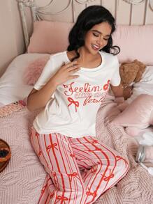 女士字母、蝴蝶结和条纹印花睡衣套装，适合情人节 - 白色 - 查看 3