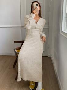 DAZY Fitted Ribbed Jersey Knit Nightgown Pajama - Apricot - View 1