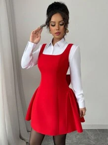 Rafferiza 女士红色蝴蝶结装饰连衣裙，适合返校节、新年冬季 - 紅色 - 查看 4