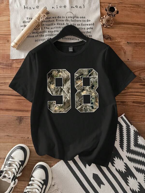 Attitoon Casual Loose Leaf Pattern Round Neck Short Sleeve Women T-Shirt, Suitable For Summer Back To School