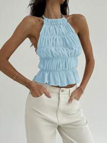 Aloruh Women's Neck-Tie Adjustable Ruched Multi-Layer Semi-Sheer Romantic Date Cropped Camisole - Blue - View 9