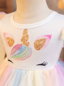 Glamorique Kids Vestido corto lindo con mangas con volantes, estampado de degradado de unicornio y arcoíris, manga larga de gasa, para bebé niña, para principios de primavera