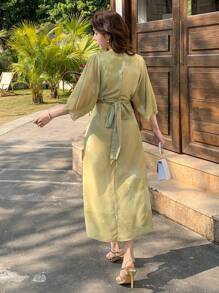 DAZY 一件装女士V领系带中长连衣裙，通体印花，适合度假穿着，复活节女装 - 綠色 - 查看 2