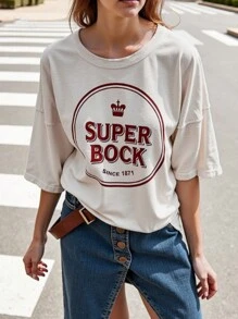 Chiquease 女士短袖印花T恤，休闲工作服，毕业 - 杏色 - 查看 3